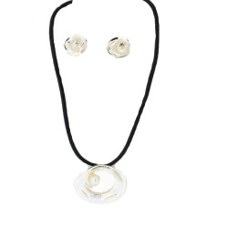 Silvertone and Glass Crystals Rosebud Pendant and Stud Earring Set with Cord